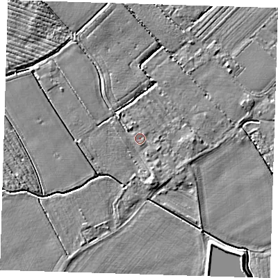 Shaded relief map of the ground around PE220BP, computed from Environment Agency LiDAR. The ground here sits at about 3 m above sea level and falls 4 m across the surrounding 800 m. Surface water reaching this point runs off ground lying to the south-south-east, 1.6 m higher.