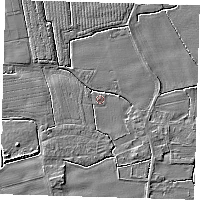 Shaded relief map of the ground around PE220BU, computed from Environment Agency LiDAR. The ground here sits at about 3 m above sea level and falls 4 m across the surrounding 800 m. The ground contributing surface water to this point lies to the west-south-west.