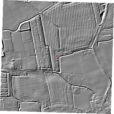 Shaded relief map of the ground around PE220BX, computed from Environment Agency LiDAR. The ground here sits at about 2 m above sea level and falls 5 m across the surrounding 800 m. Surface water reaching this point runs off ground lying to the east-north-east, 2.3 m higher.