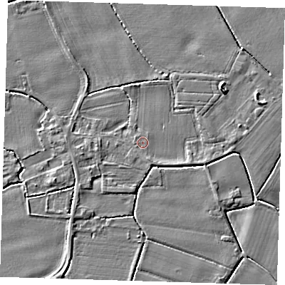 Shaded relief map of the ground around PE220BZ, computed from Environment Agency LiDAR. The ground here sits at about 3 m above sea level and falls 5 m across the surrounding 800 m. The ground contributing surface water to this point lies to the south-west.