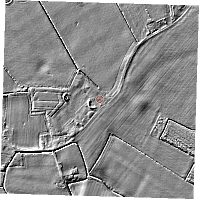 Shaded relief map of the ground around PE220DA, computed from Environment Agency LiDAR. The ground here sits at about 3 m above sea level and falls 5 m across the surrounding 800 m. Surface water reaching this point runs off ground lying to the south-south-west, 1.1 m higher.