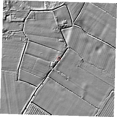Shaded relief map of the ground around PE220DB, computed from Environment Agency LiDAR. The ground here sits at about 3 m above sea level and falls 3 m across the surrounding 800 m. Surface water reaching this point runs off ground lying to the north, 2.1 m higher.
