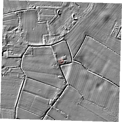 Shaded relief map of the ground around PE220DD, computed from Environment Agency LiDAR. The ground here sits at about 3 m above sea level and falls 5 m across the surrounding 800 m. Surface water reaching this point runs off ground lying to the west, 0.9 m higher.