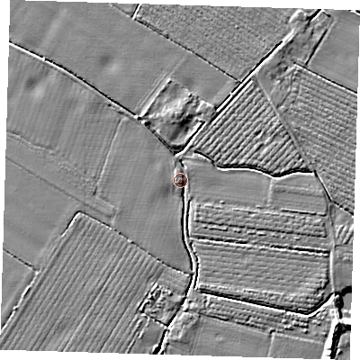 Shaded relief map of the ground around PE220DE, computed from Environment Agency LiDAR. The ground here sits at about 3 m above sea level and falls 5 m across the surrounding 800 m. Surface water reaching this point runs off ground lying to the south, 2.5 m higher.