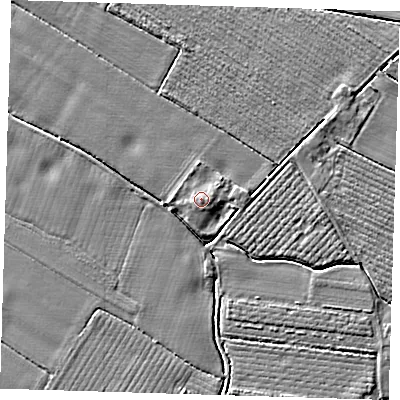 Shaded relief map of the ground around PE220DF, computed from Environment Agency LiDAR. The ground here sits at about 4 m above sea level and falls 3 m across the surrounding 800 m. The ground contributing surface water to this point lies to the east-south-east.