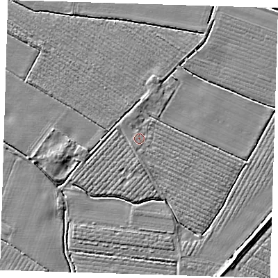 Shaded relief map of the ground around PE220DG, computed from Environment Agency LiDAR. The ground here sits at about 3 m above sea level and falls 4 m across the surrounding 800 m. Surface water reaching this point runs off ground lying to the west-south-west, 1.2 m higher.