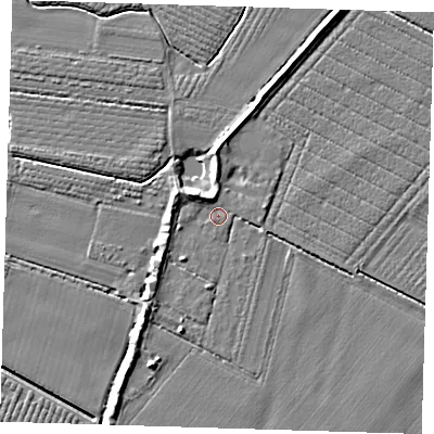 Shaded relief map of the ground around PE220DH, computed from Environment Agency LiDAR. The ground here sits at about 3 m above sea level and falls 6 m across the surrounding 800 m. Surface water reaching this point runs off ground lying to the north-west, 3.4 m higher.