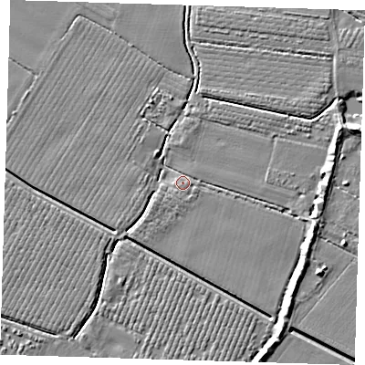Shaded relief map of the ground around PE220DJ, computed from Environment Agency LiDAR. The ground here sits at about 3 m above sea level and falls 6 m across the surrounding 800 m. Surface water reaching this point runs off ground lying to the east-south-east, 4.2 m higher.