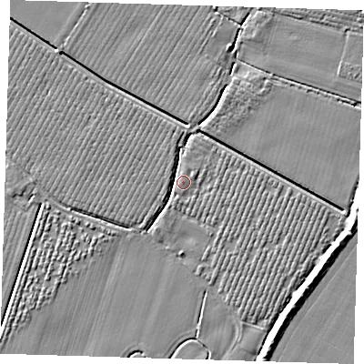 Shaded relief map of the ground around PE220DL, computed from Environment Agency LiDAR. The ground here sits at about 4 m above sea level and falls 5 m across the surrounding 800 m. Surface water reaching this point runs off ground lying to the south-south-east, 2.9 m higher.