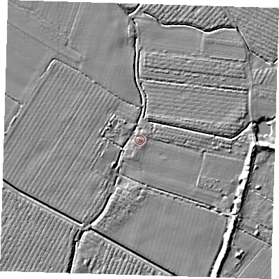 Shaded relief map of the ground around PE220DN, computed from Environment Agency LiDAR. The ground here sits at about 3 m above sea level and falls 6 m across the surrounding 800 m. Surface water reaching this point runs off ground lying to the south-south-west, 0.8 m higher.
