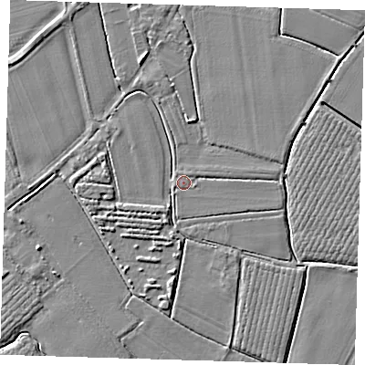 Shaded relief map of the ground around PE220DP, computed from Environment Agency LiDAR. The ground here sits at about 3 m above sea level and falls 4 m across the surrounding 800 m. Surface water reaching this point runs off ground lying to the north-east, 0.5 m higher.