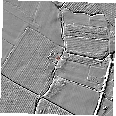 Shaded relief map of the ground around PE220DQ, computed from Environment Agency LiDAR. The ground here sits at about 3 m above sea level and falls 5 m across the surrounding 800 m. Surface water reaching this point runs off ground lying to the east-south-east, 4.2 m higher.