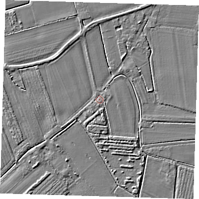 Shaded relief map of the ground around PE220DR, computed from Environment Agency LiDAR. The ground here sits at about 3 m above sea level and falls 4 m across the surrounding 800 m. Surface water reaching this point runs off ground lying to the south-east, 2.2 m higher.