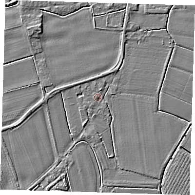 Shaded relief map of the ground around PE220DS, computed from Environment Agency LiDAR. The ground here sits at about 3 m above sea level and falls 3 m across the surrounding 800 m. Surface water reaching this point runs off ground lying to the north-north-east, 2.0 m higher.