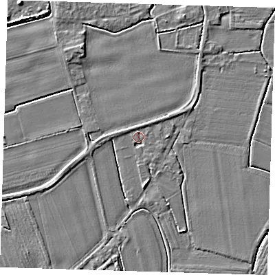 Shaded relief map of the ground around PE220DT, computed from Environment Agency LiDAR. The ground here sits at about 3 m above sea level and falls 4 m across the surrounding 800 m. Surface water reaching this point runs off ground lying to the east, 1.5 m higher.