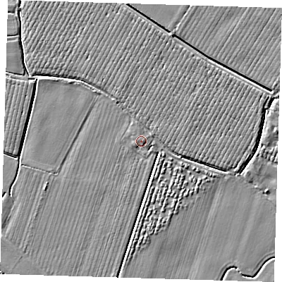 Shaded relief map of the ground around PE220DW, computed from Environment Agency LiDAR. The ground here sits at about 3 m above sea level and falls 3 m across the surrounding 800 m. Surface water reaching this point runs off ground lying to the east-south-east, 1.3 m higher.