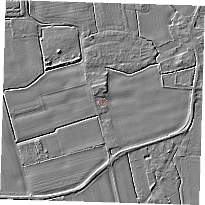 Shaded relief map of the ground around PE220DX, computed from Environment Agency LiDAR. The ground here sits at about 3 m above sea level and falls 4 m across the surrounding 800 m. Surface water reaching this point runs off ground lying to the north-west, 2.5 m higher.