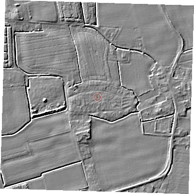 Shaded relief map of the ground around PE220DZ, computed from Environment Agency LiDAR. The ground here sits at about 3 m above sea level and falls 4 m across the surrounding 800 m. Surface water reaching this point runs off ground lying to the west-south-west, 0.7 m higher.