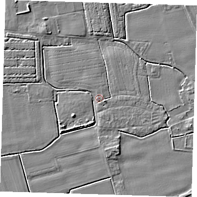 Shaded relief map of the ground around PE220EB, computed from Environment Agency LiDAR. The ground here sits at about 3 m above sea level and falls 4 m across the surrounding 800 m. Surface water reaching this point runs off ground lying to the south-west, 3.6 m higher.