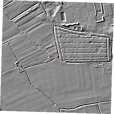 Shaded relief map of the ground around PE220ED, computed from Environment Agency LiDAR. The ground here sits at about 3 m above sea level and falls 5 m across the surrounding 800 m. Surface water reaching this point runs off ground lying to the east, 1.9 m higher.