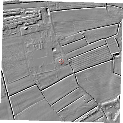 Shaded relief map of the ground around PE220EE, computed from Environment Agency LiDAR. The ground here sits at about 2 m above sea level and falls 7 m across the surrounding 800 m. Surface water reaching this point runs off ground lying to the west-south-west, 0.6 m higher.