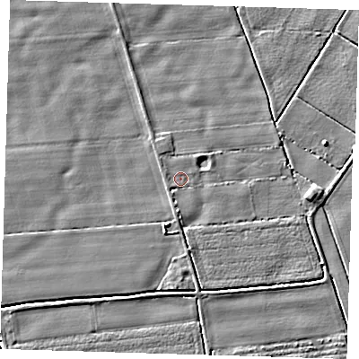 Shaded relief map of the ground around PE220EF, computed from Environment Agency LiDAR. The ground here sits at about 2 m above sea level and falls 5 m across the surrounding 800 m. Surface water reaching this point runs off ground lying to the south, 1.6 m higher.
