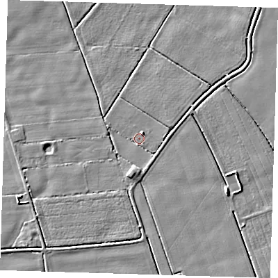 Shaded relief map of the ground around PE220EG, computed from Environment Agency LiDAR. The ground here sits at about 2 m above sea level and falls 5 m across the surrounding 800 m. Surface water reaching this point runs off ground lying to the north-north-east, 3.2 m higher.