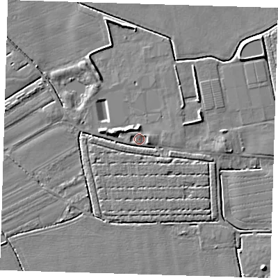 Shaded relief map of the ground around PE220EJ, computed from Environment Agency LiDAR. The ground here sits at about 3 m above sea level and falls 5 m across the surrounding 800 m. Surface water reaching this point runs off ground lying to the east, 2.2 m higher.