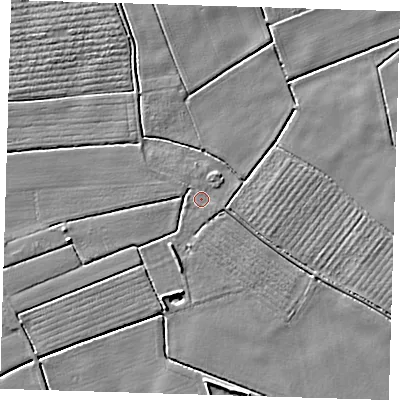 Shaded relief map of the ground around PE220EQ, computed from Environment Agency LiDAR. The ground here sits at about 2 m above sea level and falls 4 m across the surrounding 800 m. Surface water reaching this point runs off ground lying to the south-south-west, 3.0 m higher.