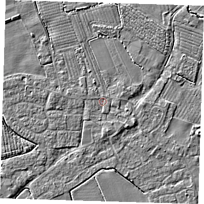 Shaded relief map of the ground around PE220ET, computed from Environment Agency LiDAR. The ground here sits at about 3 m above sea level and falls 3 m across the surrounding 800 m. Surface water reaching this point runs off ground lying to the east-south-east, 1.0 m higher.