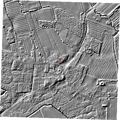 Shaded relief map of the ground around PE220EU, computed from Environment Agency LiDAR. The ground here sits at about 3 m above sea level and falls 4 m across the surrounding 800 m. Surface water reaching this point runs off ground lying to the south, 2.1 m higher.