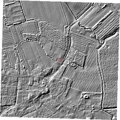 Shaded relief map of the ground around PE220EX, computed from Environment Agency LiDAR. The ground here sits at about 3 m above sea level and falls 4 m across the surrounding 800 m. Surface water reaching this point runs off ground lying to the south-south-west, 2.6 m higher.