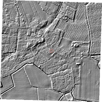 Shaded relief map of the ground around PE220EY, computed from Environment Agency LiDAR. The ground here sits at about 3 m above sea level and falls 4 m across the surrounding 800 m. The ground contributing surface water to this point lies to the east.