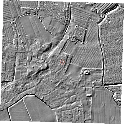 Shaded relief map of the ground around PE220HA, computed from Environment Agency LiDAR. The ground here sits at about 3 m above sea level and falls 4 m across the surrounding 800 m. Surface water reaching this point runs off ground lying to the north-north-east, 0.7 m higher.