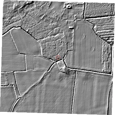 Shaded relief map of the ground around PE220HE, computed from Environment Agency LiDAR. The ground here sits at about 3 m above sea level and falls 4 m across the surrounding 800 m. Surface water reaching this point runs off ground lying to the south-south-east, 2.7 m higher.