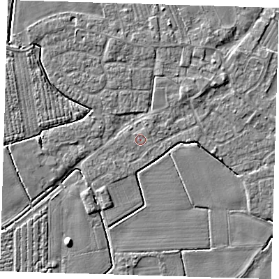 Shaded relief map of the ground around PE220HF, computed from Environment Agency LiDAR. The ground here sits at about 3 m above sea level and falls 5 m across the surrounding 800 m. The ground contributing surface water to this point lies to the north-east.
