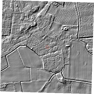 Shaded relief map of the ground around PE220HH, computed from Environment Agency LiDAR. The ground here sits at about 3 m above sea level and falls 4 m across the surrounding 800 m. Surface water reaching this point runs off ground lying to the north-north-west, 1.9 m higher.
