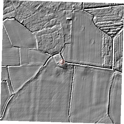Shaded relief map of the ground around PE220HJ, computed from Environment Agency LiDAR. The ground here sits at about 4 m above sea level and falls 3 m across the surrounding 800 m. Surface water reaching this point runs off ground lying to the north, 3.2 m higher.