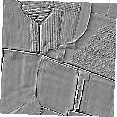 Shaded relief map of the ground around PE220HN, computed from Environment Agency LiDAR. The ground here sits at about 3 m above sea level and falls 5 m across the surrounding 800 m. The ground contributing surface water to this point lies to the east-north-east.