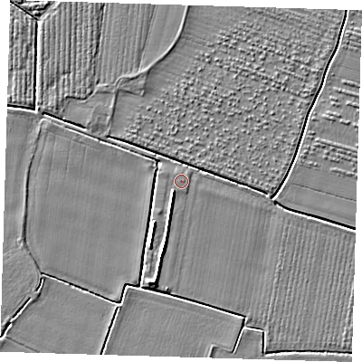 Shaded relief map of the ground around PE220HP, computed from Environment Agency LiDAR. The ground here sits at about 3 m above sea level and falls 5 m across the surrounding 800 m. Surface water reaching this point runs off ground lying to the south-south-east, 0.6 m higher.