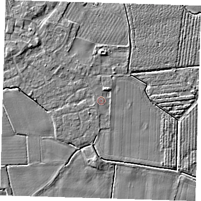 Shaded relief map of the ground around PE220HQ, computed from Environment Agency LiDAR. The ground here sits at about 3 m above sea level and falls 3 m across the surrounding 800 m. Surface water reaching this point runs off ground lying to the west-south-west, 0.8 m higher.
