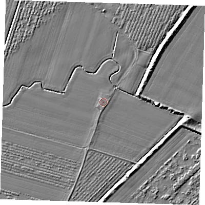 Shaded relief map of the ground around PE220HR, computed from Environment Agency LiDAR. The ground here sits at about 3 m above sea level and falls 7 m across the surrounding 800 m. Surface water reaching this point runs off ground lying to the north-west, 0.8 m higher.
