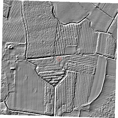Shaded relief map of the ground around PE220HS, computed from Environment Agency LiDAR. The ground here sits at about 3 m above sea level and falls 3 m across the surrounding 800 m. Surface water reaching this point runs off ground lying to the south-east, 1.6 m higher.
