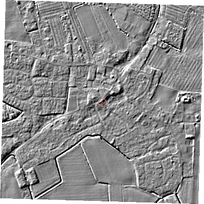 Shaded relief map of the ground around PE220HT, computed from Environment Agency LiDAR. The ground here sits at about 3 m above sea level and falls 4 m across the surrounding 800 m. Surface water reaching this point runs off ground lying to the north-north-east, 1.2 m higher.