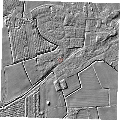 Shaded relief map of the ground around PE220HU, computed from Environment Agency LiDAR. The ground here sits at about 3 m above sea level and falls 5 m across the surrounding 800 m. Surface water reaching this point runs off ground lying to the west, 3.2 m higher.