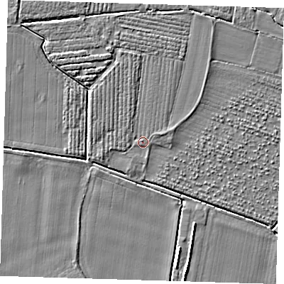 Shaded relief map of the ground around PE220HW, computed from Environment Agency LiDAR. The ground here sits at about 3 m above sea level and falls 5 m across the surrounding 800 m. Surface water reaching this point runs off ground lying to the west-south-west, 1.0 m higher.