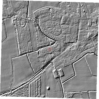 Shaded relief map of the ground around PE220HX, computed from Environment Agency LiDAR. The ground here sits at about 3 m above sea level and falls 5 m across the surrounding 800 m. The ground contributing surface water to this point lies to the west-south-west.