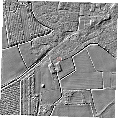 Shaded relief map of the ground around PE220HY, computed from Environment Agency LiDAR. The ground here sits at about 3 m above sea level and falls 5 m across the surrounding 800 m. Surface water reaching this point runs off ground lying to the south-south-west, 0.9 m higher.