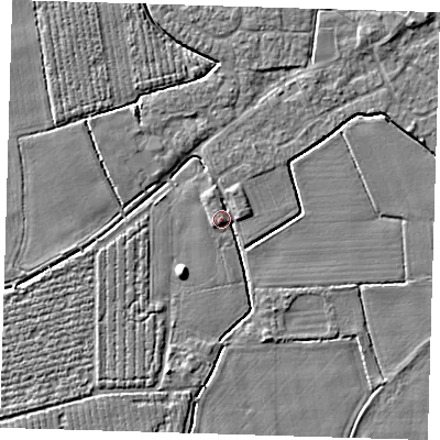 Shaded relief map of the ground around PE220HZ, computed from Environment Agency LiDAR. The ground here sits at about 4 m above sea level and falls 5 m across the surrounding 800 m. Surface water reaching this point runs off ground lying to the south-west, 4.5 m higher.