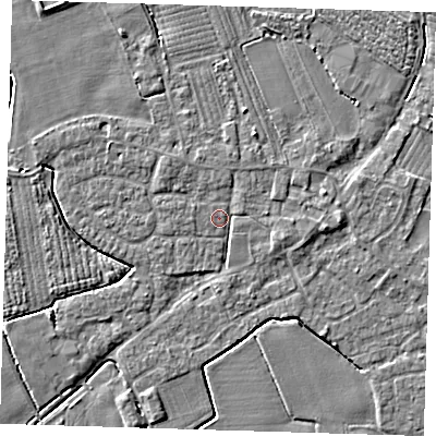 Shaded relief map of the ground around PE220JA, computed from Environment Agency LiDAR. The ground here sits at about 3 m above sea level and falls 4 m across the surrounding 800 m. Surface water reaching this point runs off ground lying to the west-south-west, 3.2 m higher.